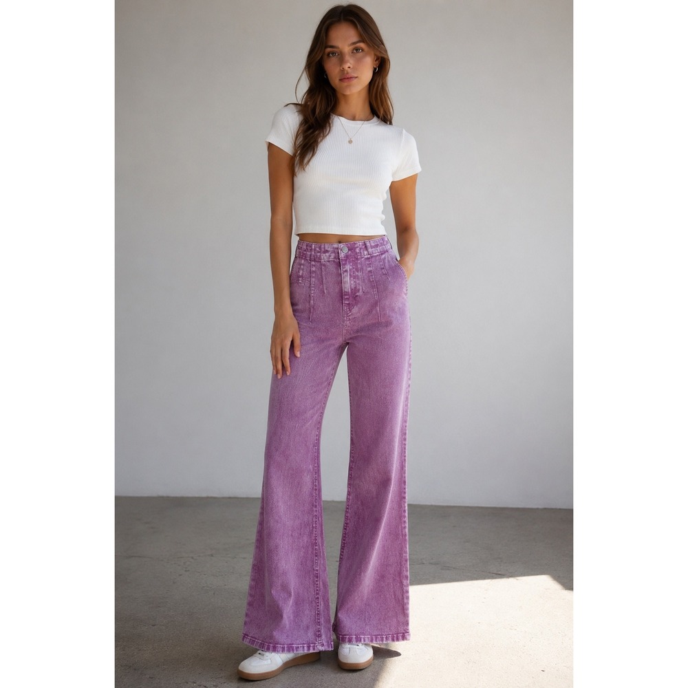 Forever 21 Purple Acid Wash High Rise Wide Leg Flare Jeans Small 24-26